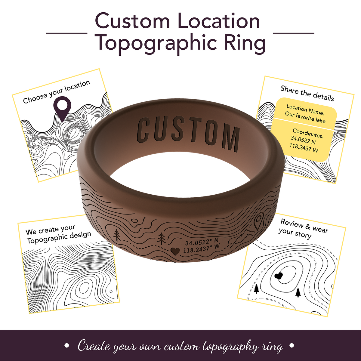 Your Own Topographic Map Ring Personalized Silicone Beveled Ring