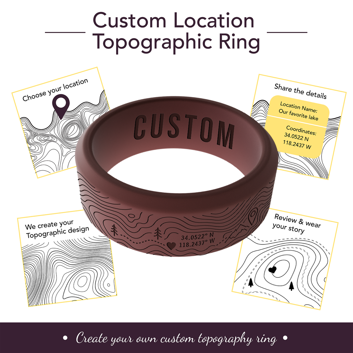 Your Own Topographic Map Ring Personalized Silicone Beveled Ring