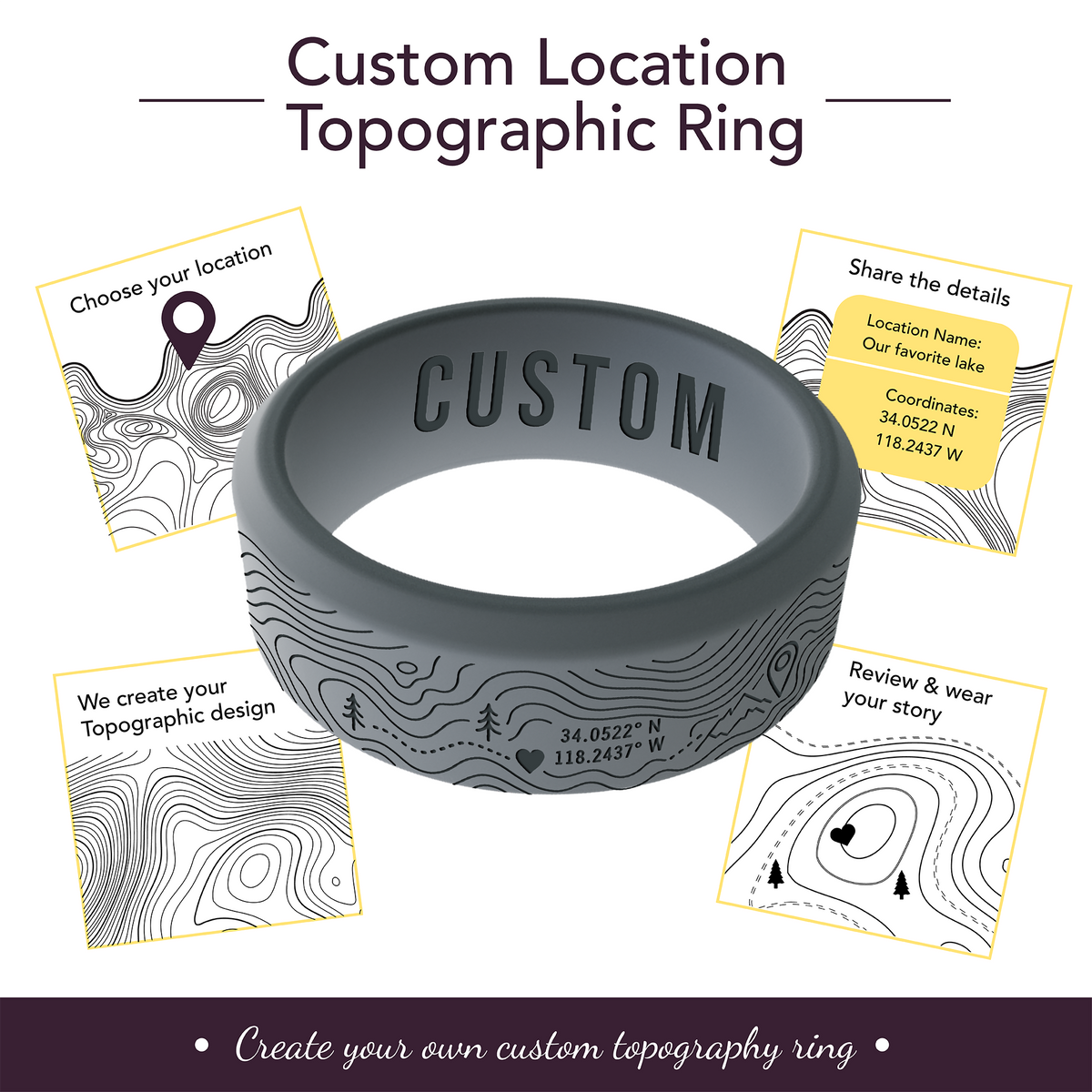 Your Own Topographic Map Ring Personalized Silicone Beveled Ring