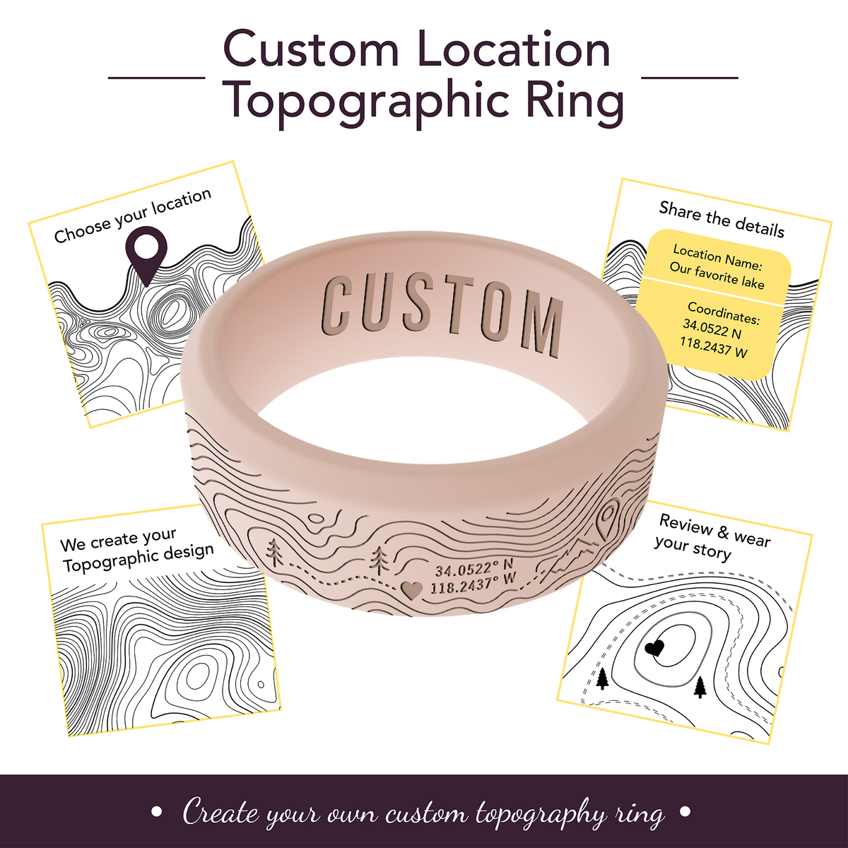 Your Own Topographic Map Ring Personalized Silicone Beveled Ring