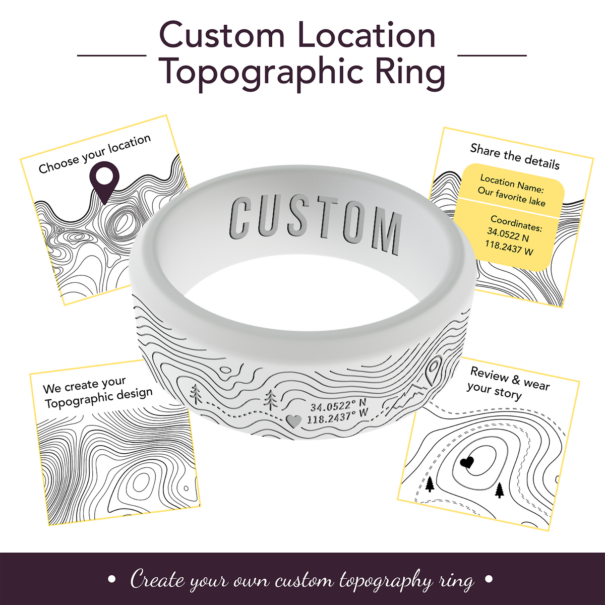 Your Own Topographic Map Ring Personalized Silicone Beveled Ring