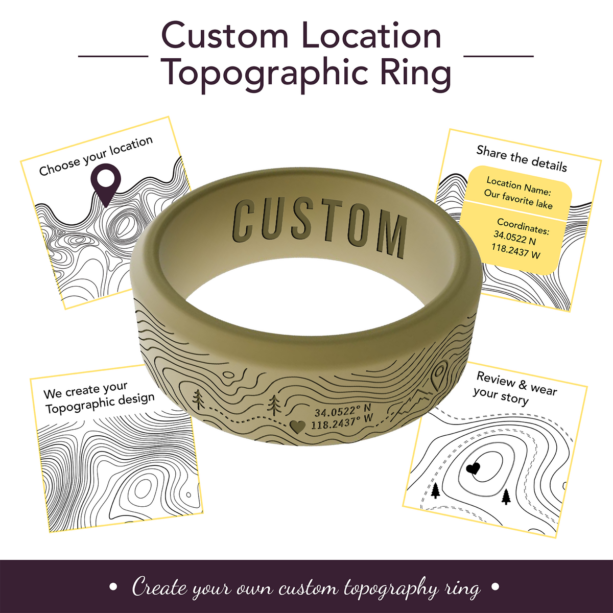 Your Own Topographic Map Ring Personalized Silicone Beveled Ring