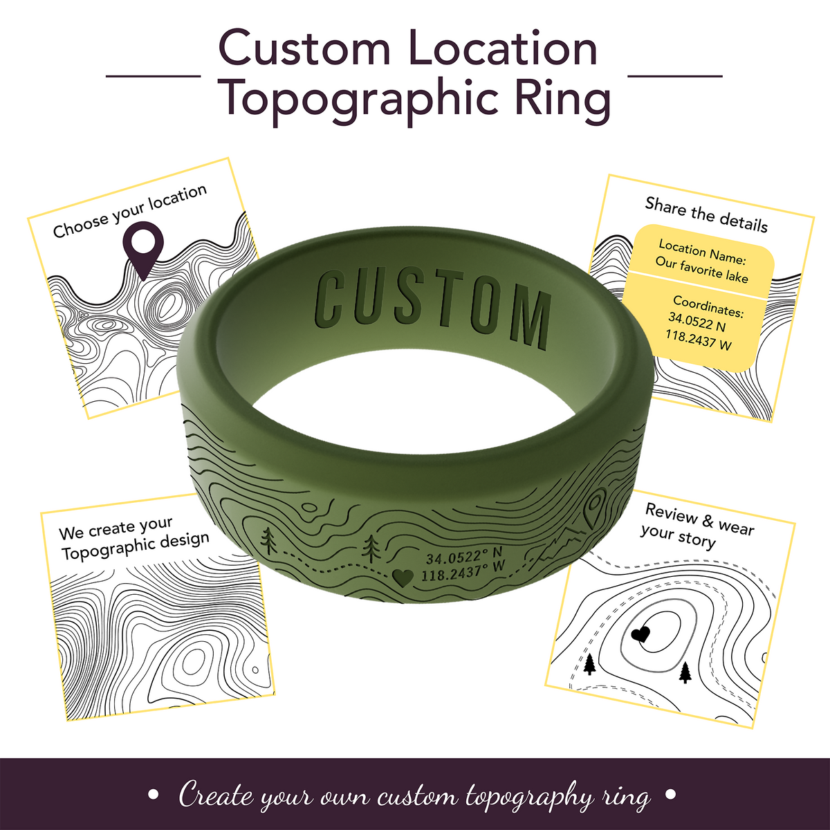 Your Own Topographic Map Ring Personalized Silicone Beveled Ring