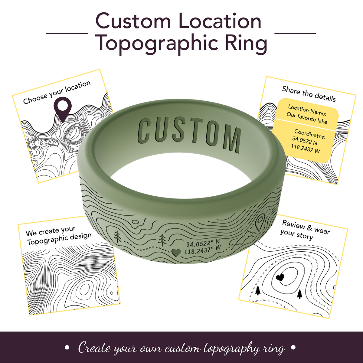 Your Own Topographic Map Ring Personalized Silicone Beveled Ring