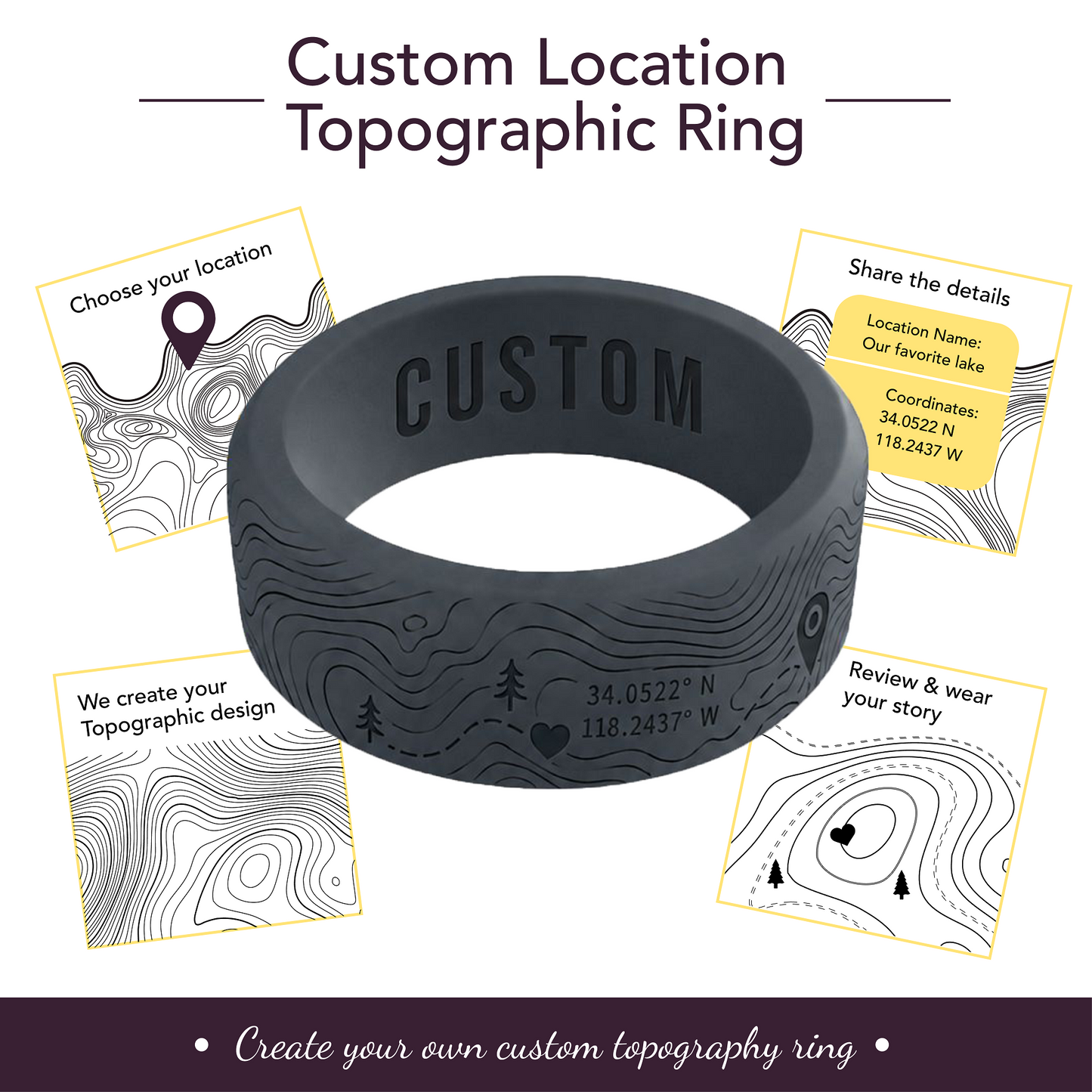 Your Own Topographic Map Ring Personalized Silicone Beveled Ring