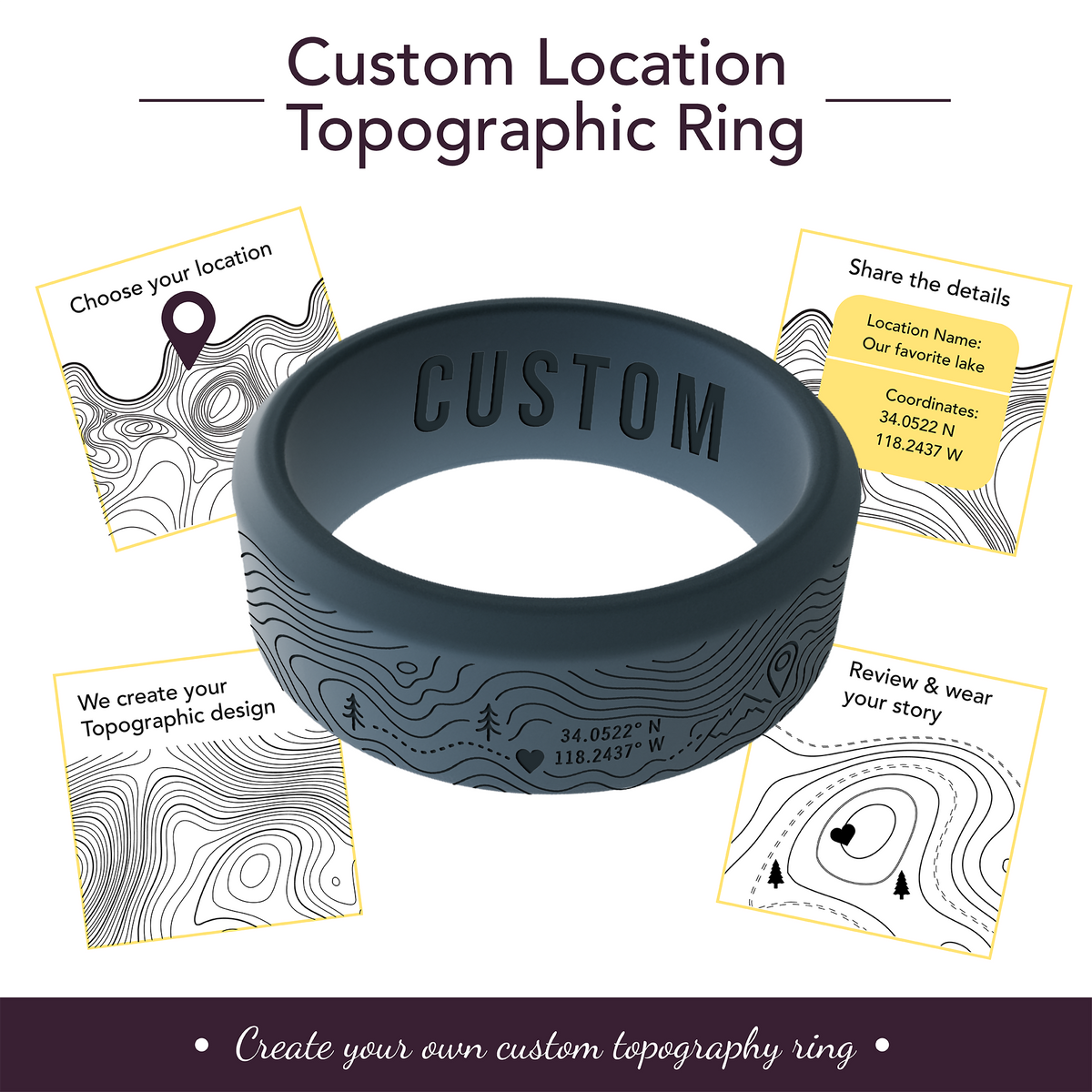 Your Own Topographic Map Ring Personalized Silicone Beveled Ring